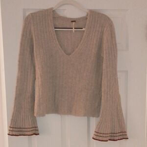 Free People Cream V-Neck Sweater with Bell Sleeves